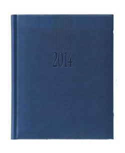 blue faux leather Spanish English desk planner